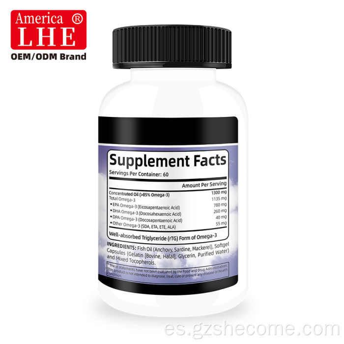 Shecome Omega 3 Aceite de pescado Cápsulas blandas Salud del corazón y el cerebro